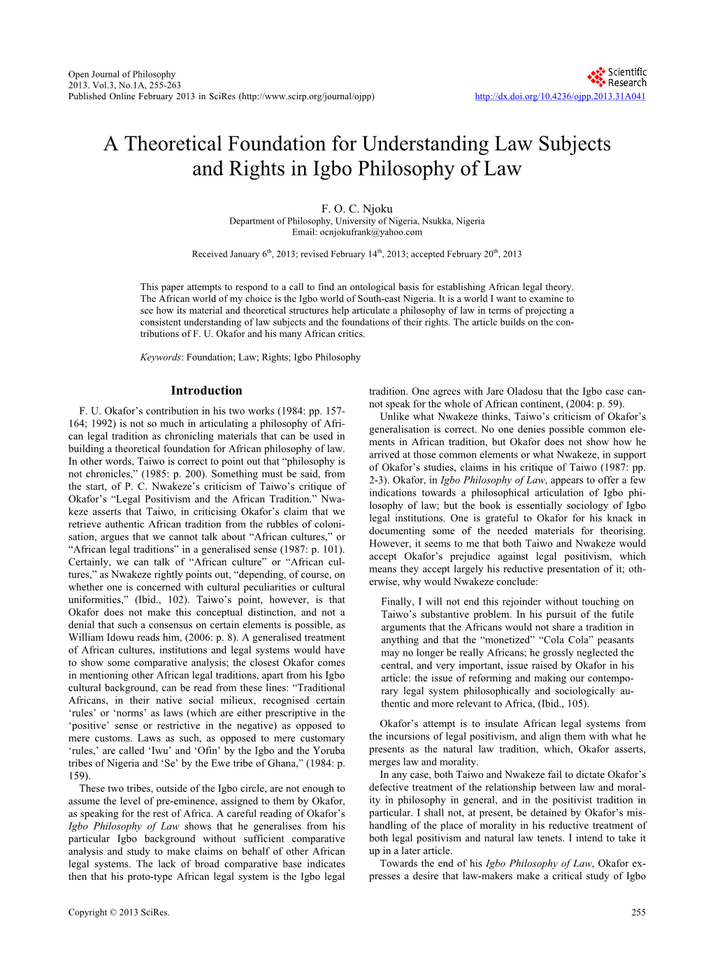 A Theoretical Foundation for Understanding Law Subjects and Rights in Igbo Philosophy of Law