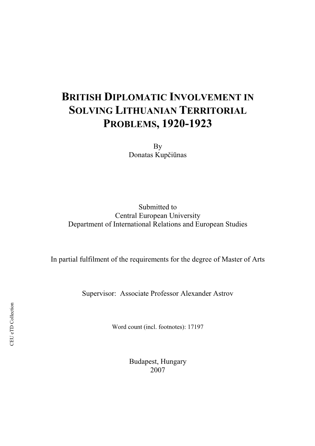 British Diplomatic Involvement in Solving Lithuanian Territorial Problems, 1920-1923