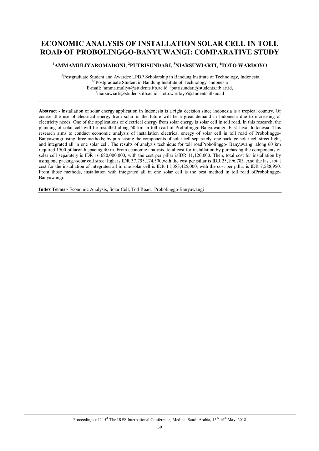 Economic Analysis of Installation Solar Cell in Toll Road of Probolinggo-Banyuwangi: Comparative Study