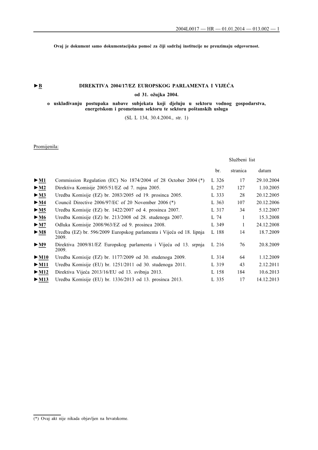 B DIREKTIVA 2004/17/EZ EUROPSKOG PARLAMENTA I VIJEĆA Od 31