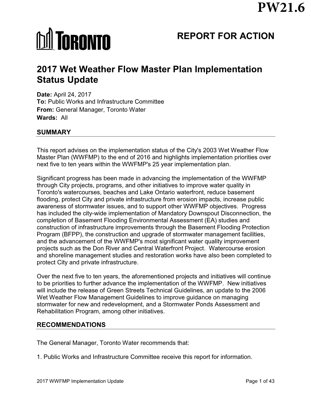 2017 Wet Weather Flow Master Plan Implementation Status Update
