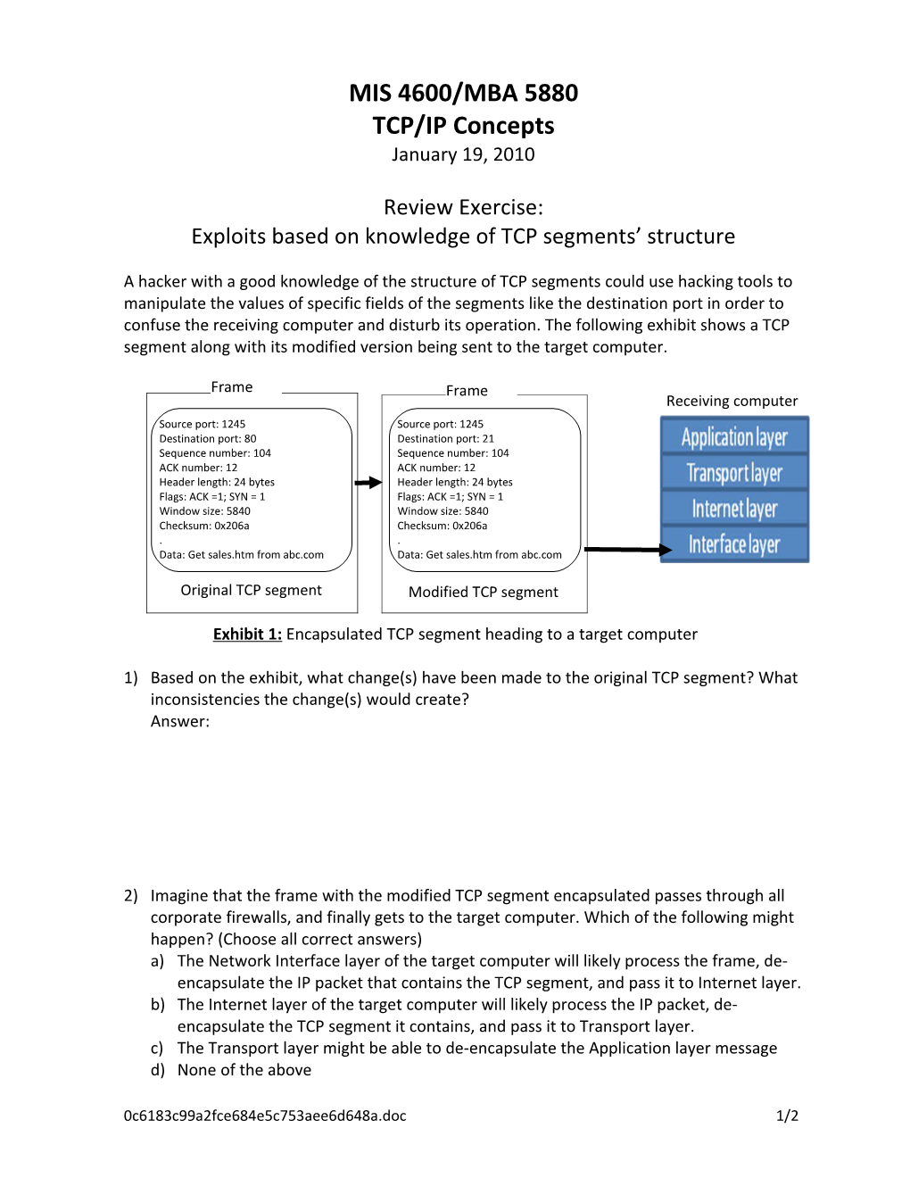 Exploits Based on Knowledge of TCP Segments Structure s1