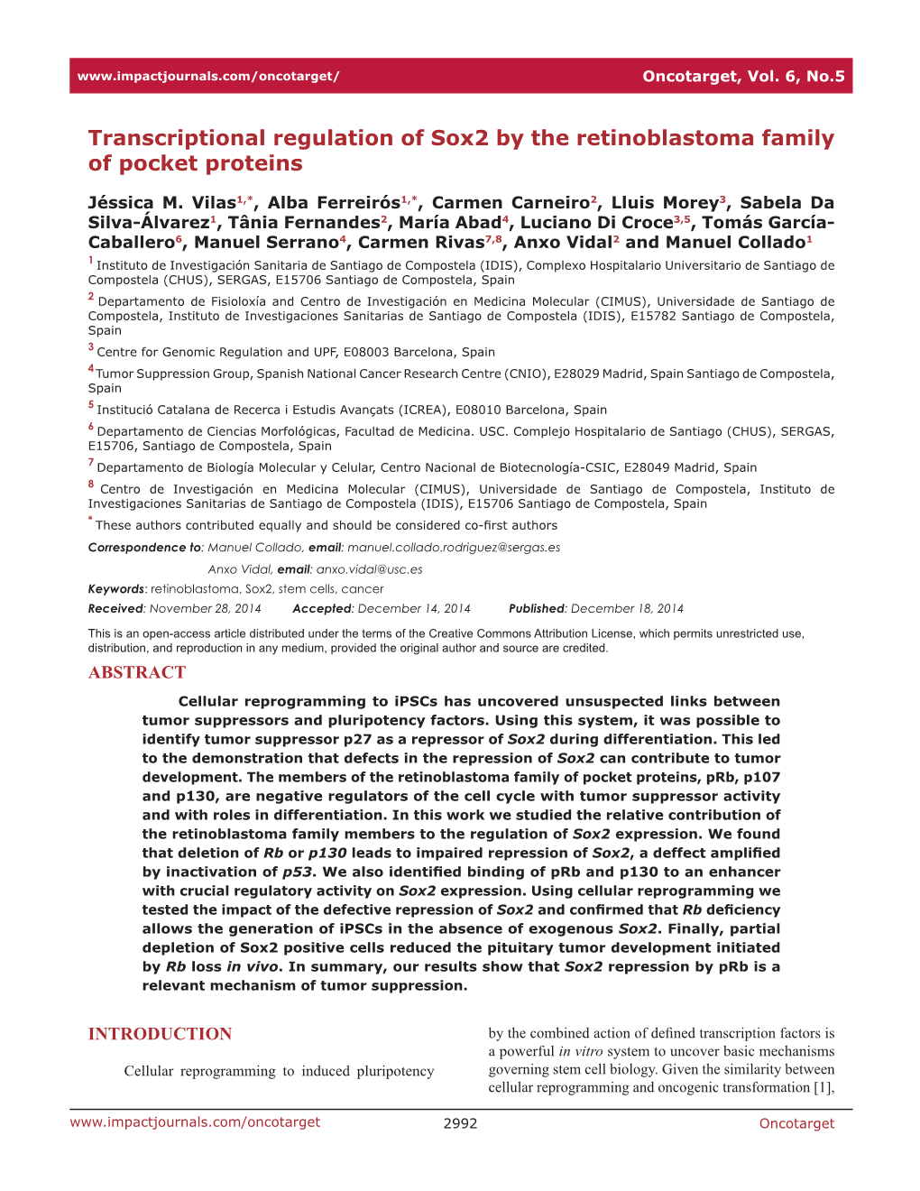 Transcriptional Regulation of Sox2 by the Retinoblastoma Family of Pocket Proteins