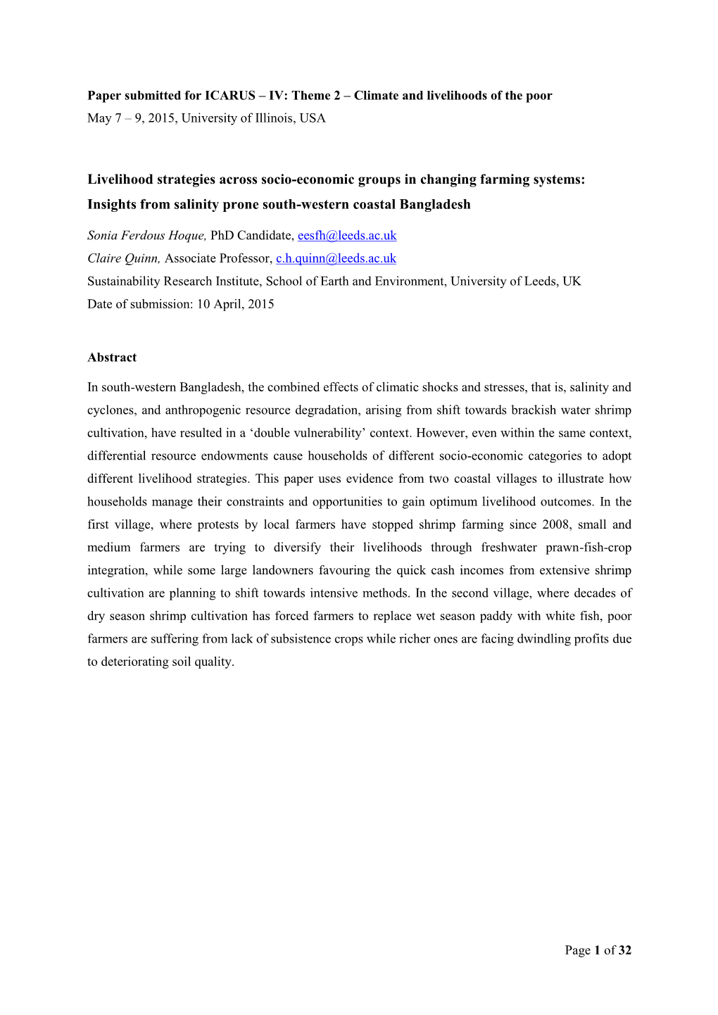 Livelihood Strategies Across Socio-Economic Groups in Changing Farming Systems: Insights from Salinity Prone South-Western Coastal Bangladesh