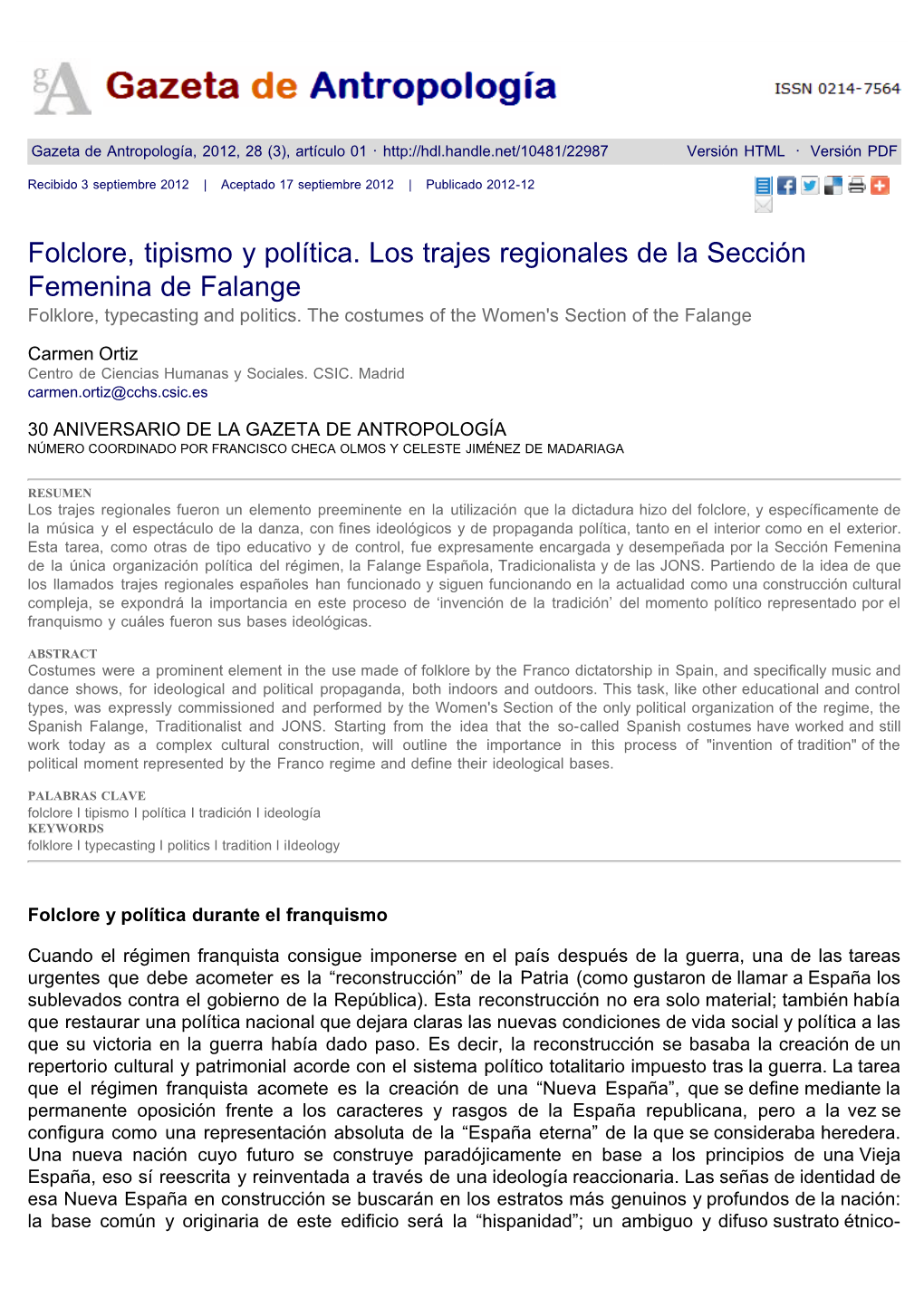 Folclore, Tipismo Y Política. Los Trajes Regionales De La Sección Femenina De Falange Folklore, Typecasting and Politics