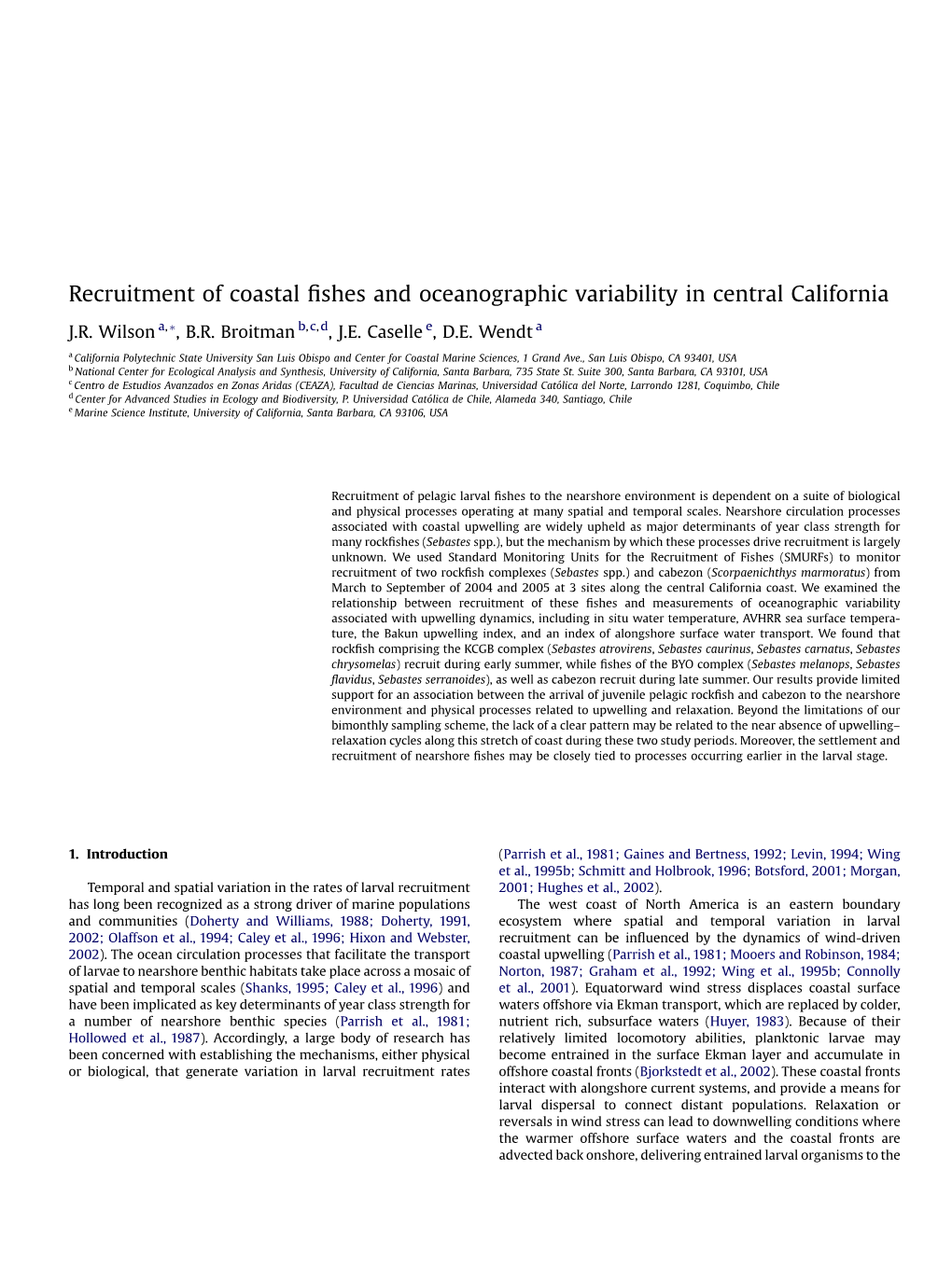 Recruitment of Coastal Fishes and Oceanographic Variability In