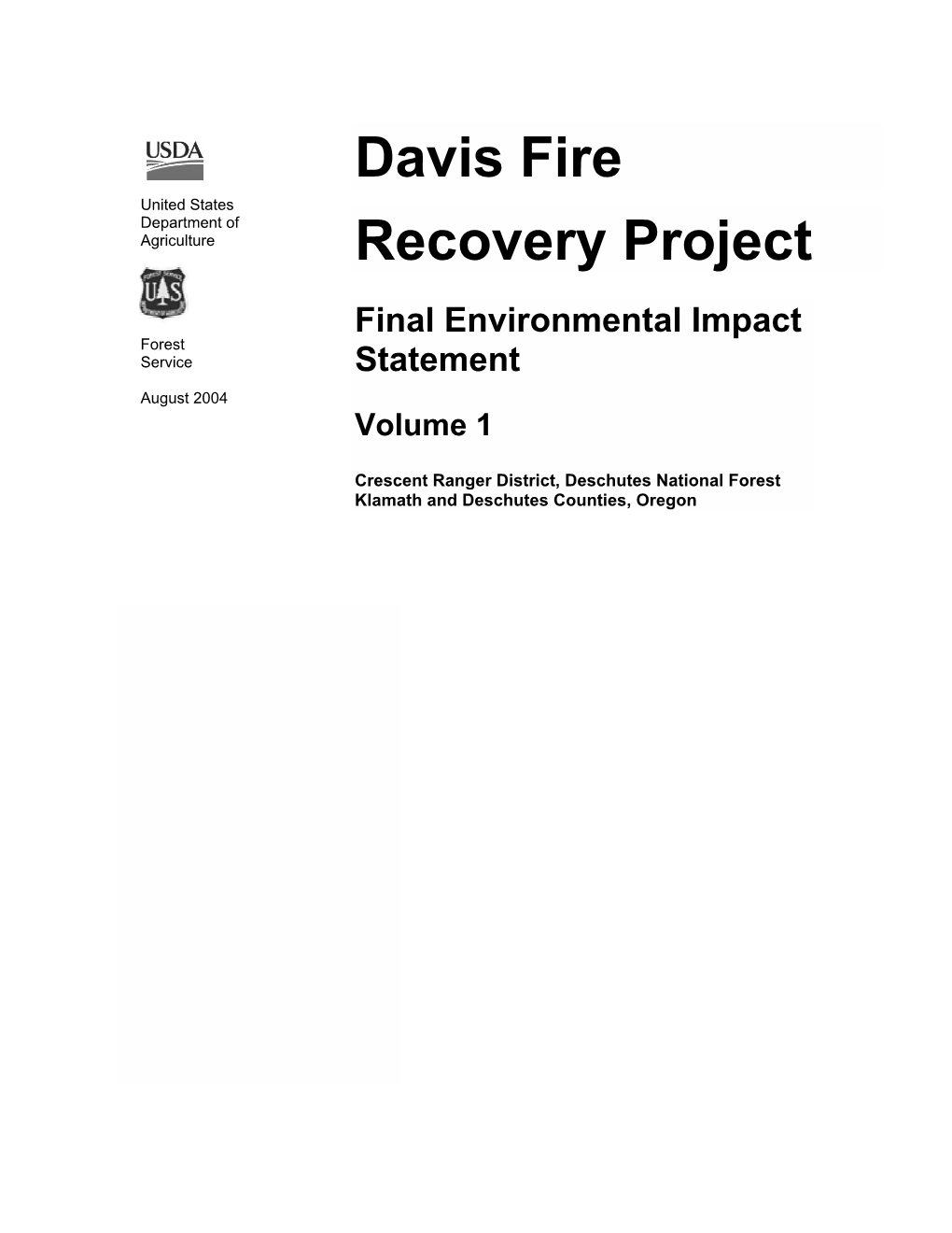 DAVIS FIRE RECOVERY PROJECT Final Environmental Impact Statement