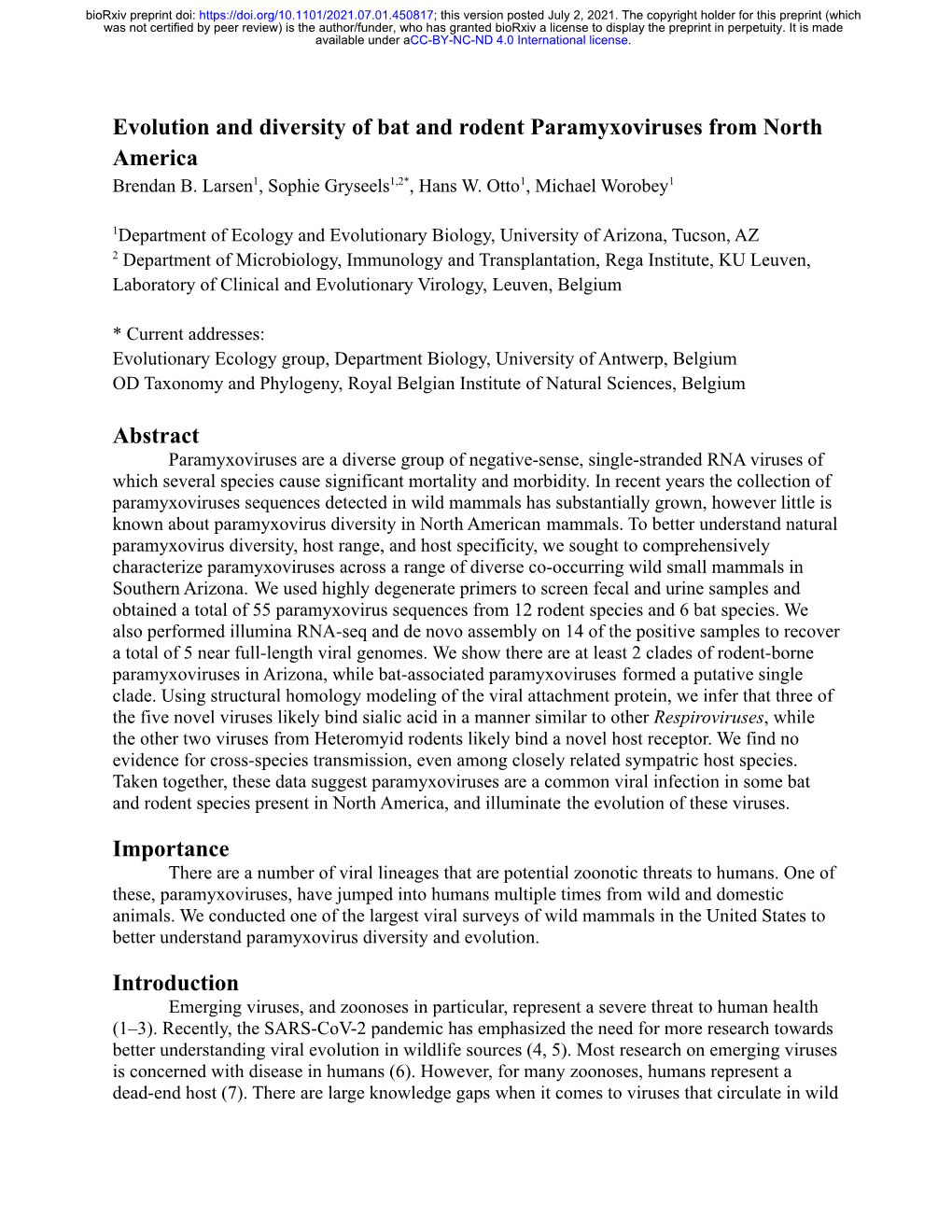 Evolution and Diversity of Bat and Rodent Paramyxoviruses from North America Brendan B