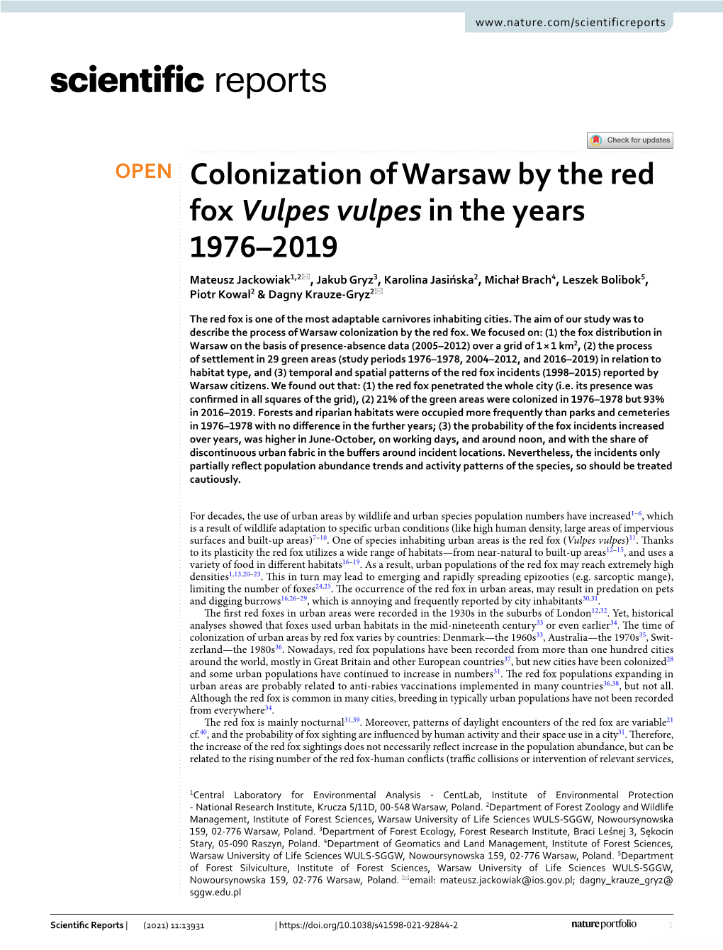 Colonization of Warsaw by the Red Fox Vulpes Vulpes in the Years 1976