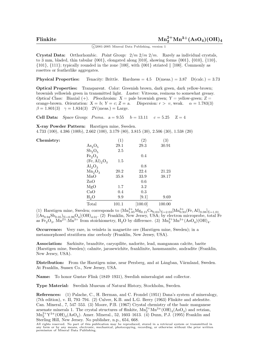 Flinkite Mn2 Mn (Aso4)(OH)4 C 2001-2005 Mineral Data Publishing, Version 1