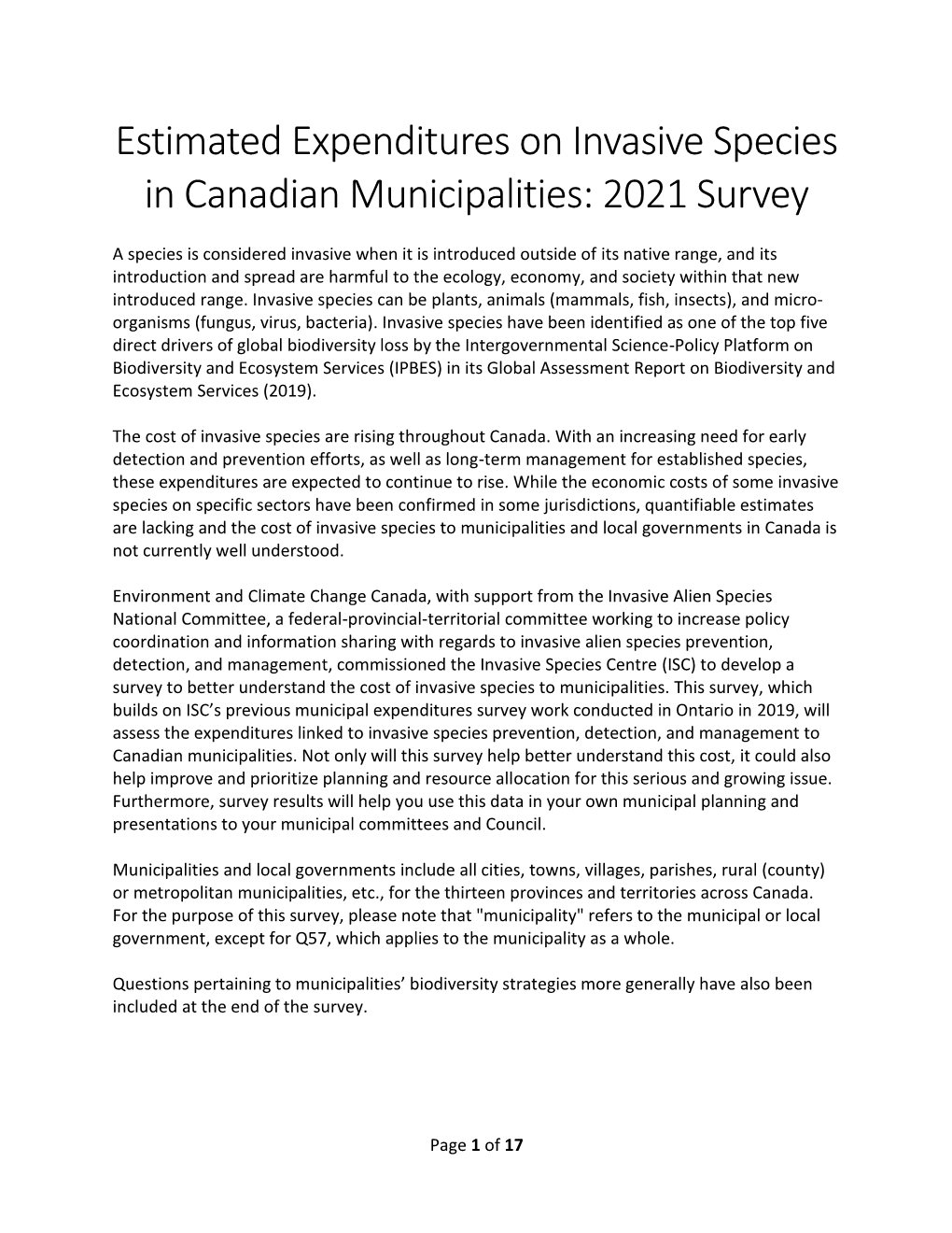Estimated Expenditures on Invasive Species in Canadian Municipalities: 2021 Survey