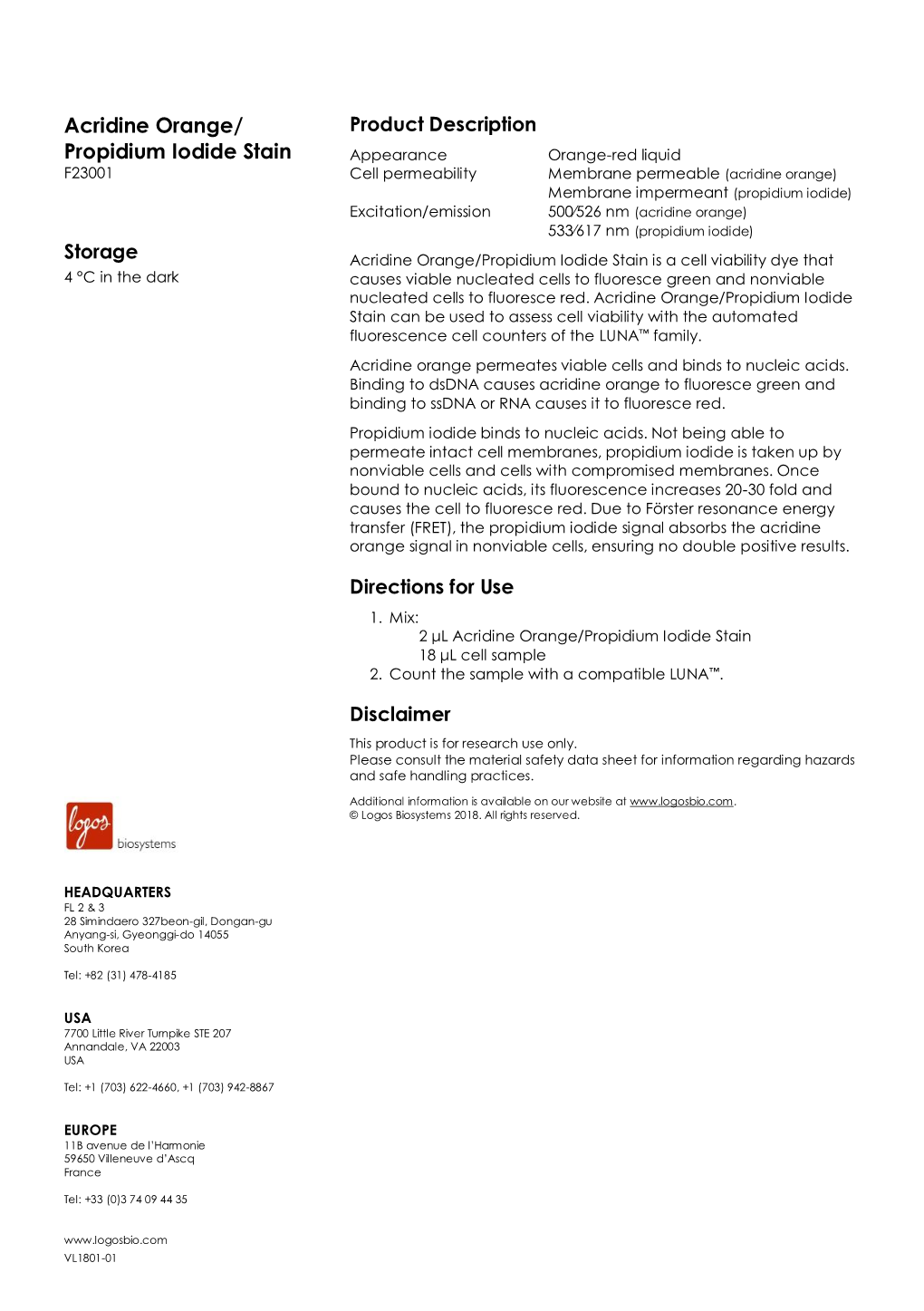 Acridine Orange/ Propidium Iodide Stain