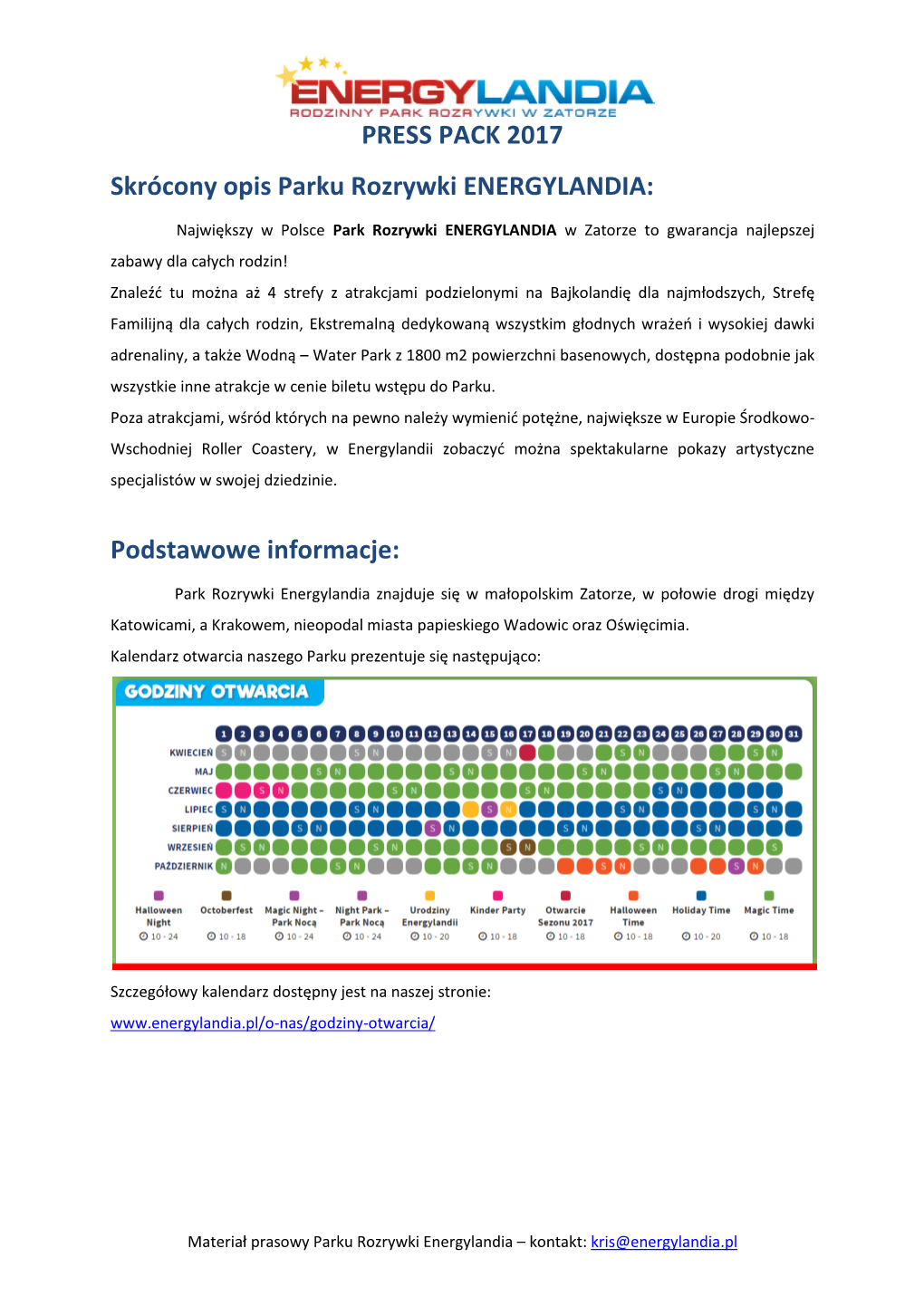 PRESS PACK 2017 Skrócony Opis Parku Rozrywki ENERGYLANDIA