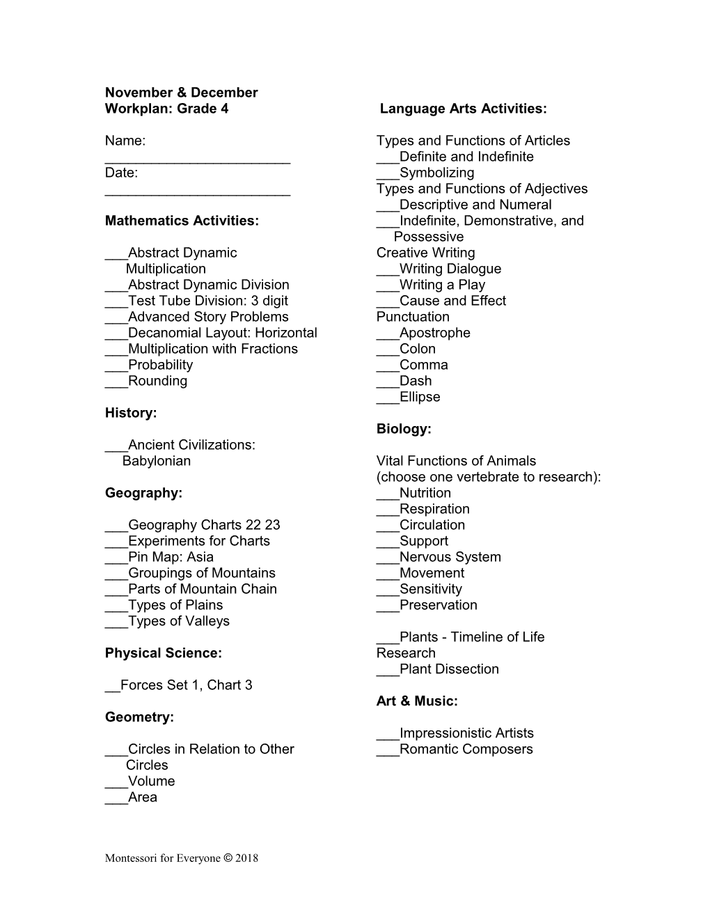 Workplan: Grade 4