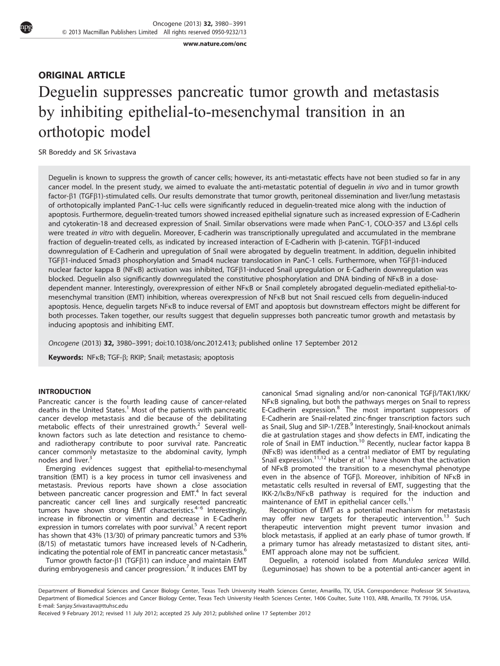 Deguelin Suppresses Pancreatic Tumor Growth and Metastasis by Inhibiting Epithelial-To-Mesenchymal Transition in an Orthotopic Model