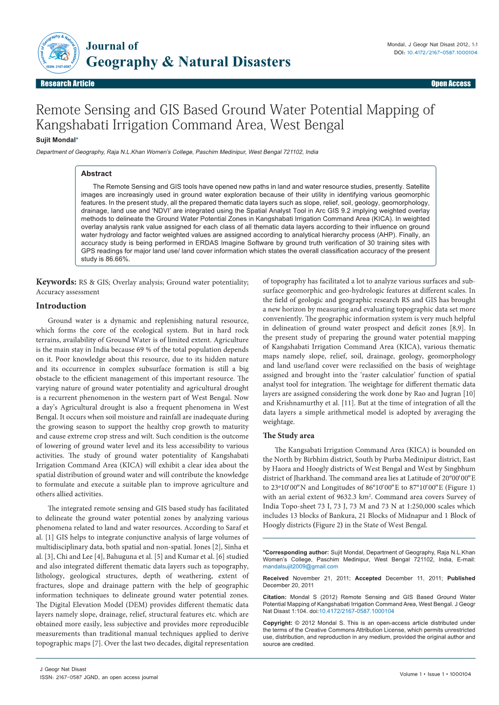 Remote Sensing and GIS Based Ground Water Potential Mapping Of