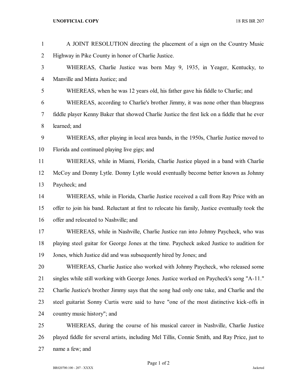 A JOINT RESOLUTION Directing the Placement of a Sign on the Country Music 2 Highway in Pike County in Honor of Charlie Justice