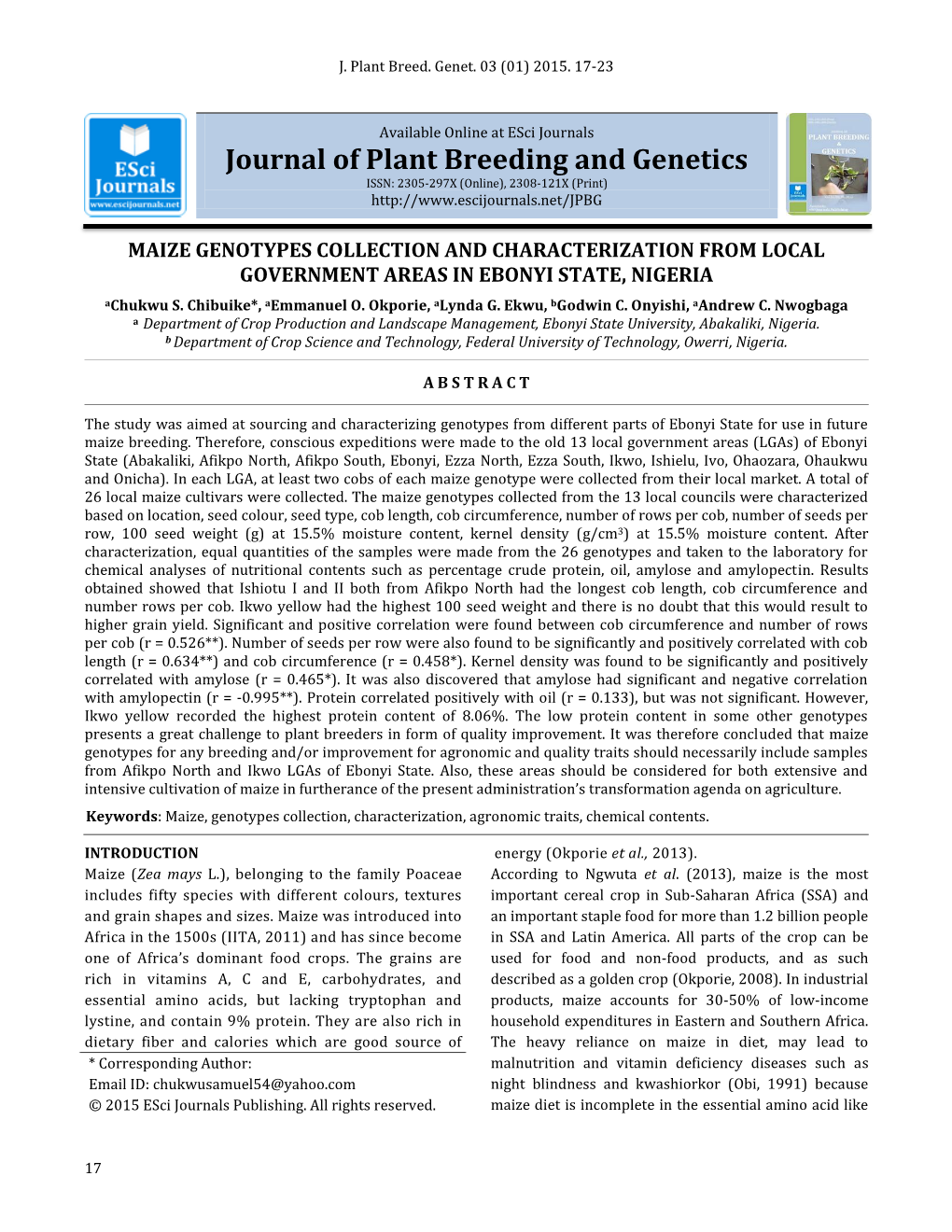 MAIZE GENOTYPES COLLECTION and CHARACTERIZATION from LOCAL GOVERNMENT AREAS in EBONYI STATE, NIGERIA Achukwu S