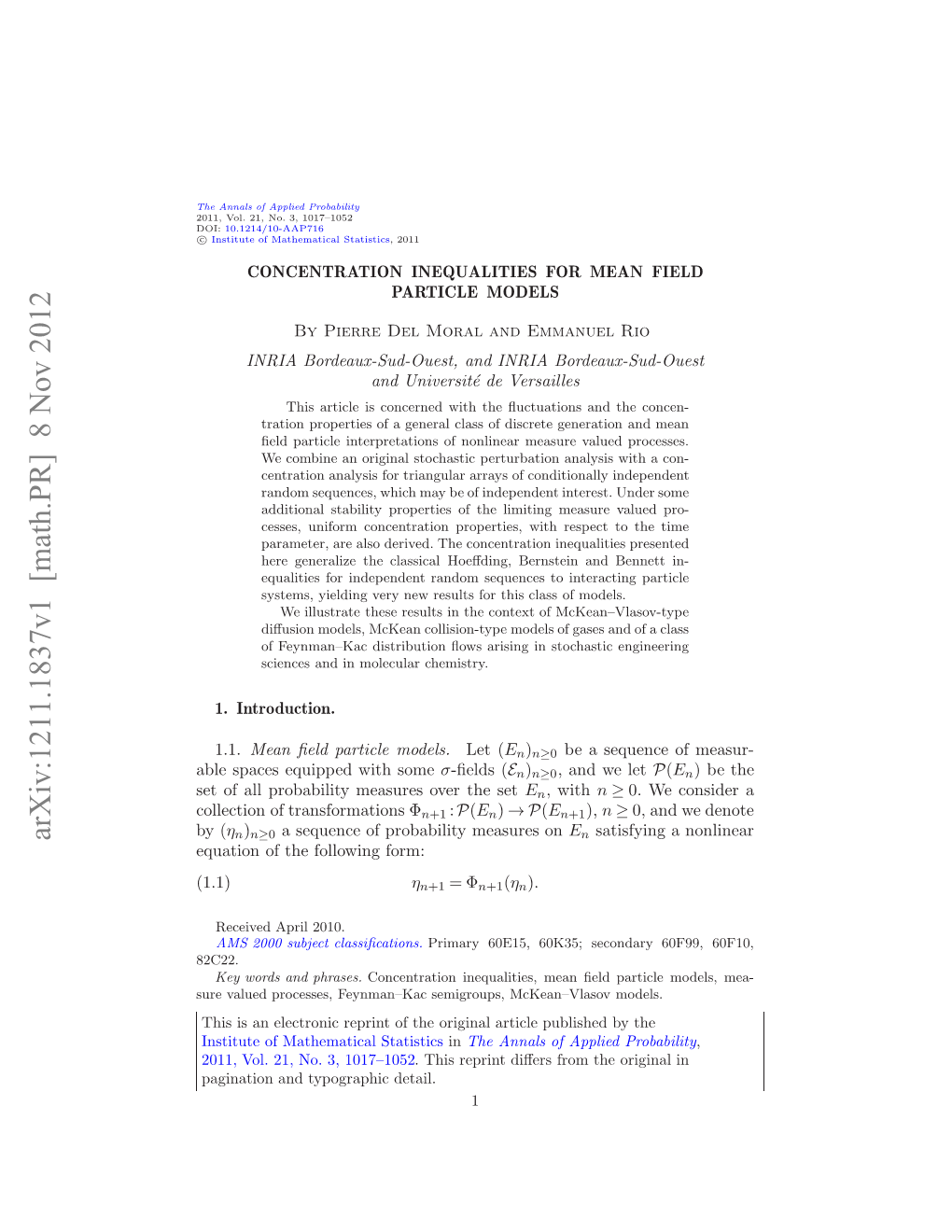 CONCENTRATION INEQUALITIES for MEAN FIELD PARTICLE MODELS 3 As the Gibbs Measure, Deﬁned By