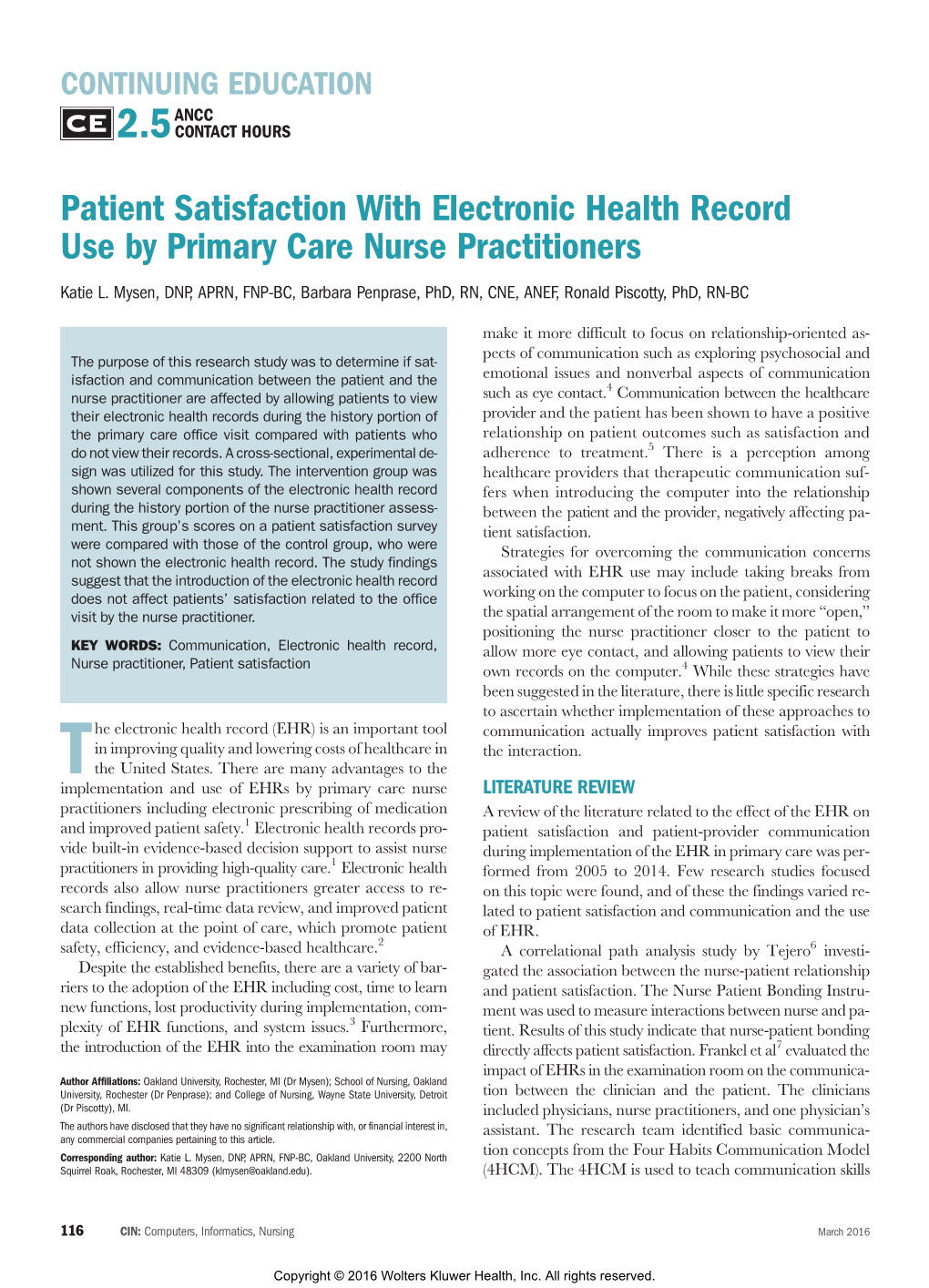 Patient Satisfaction with Electronic Health Record Use by Primary Care Nurse Practitioners