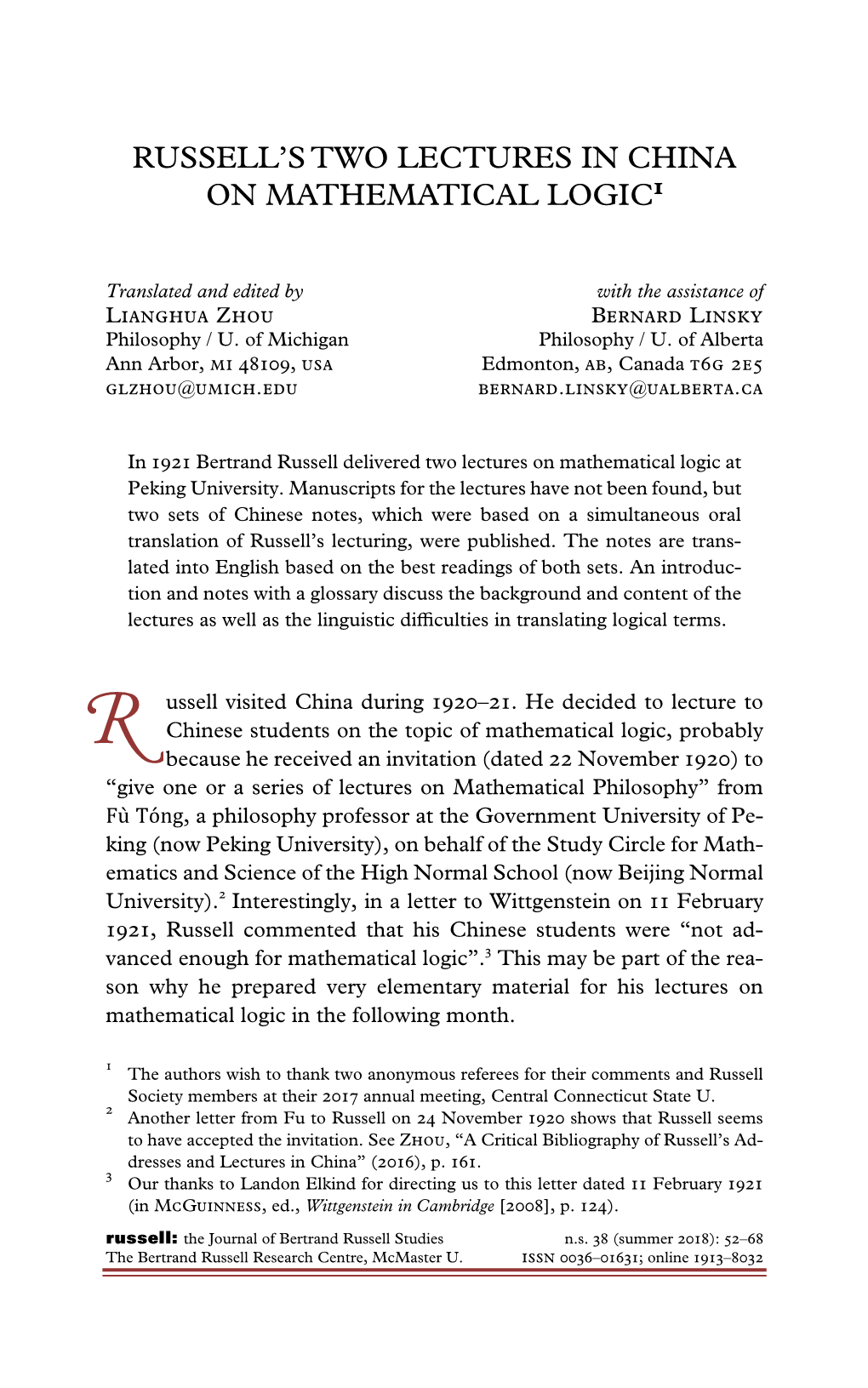 Russell's Two Lectures in China on Mathematical Logic