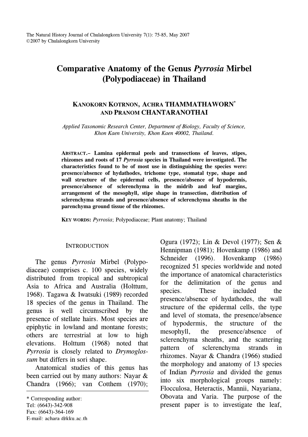 Comparative Anatomy of the Genus Pyrrosia Mirbel (Polypodiaceae) in Thailand