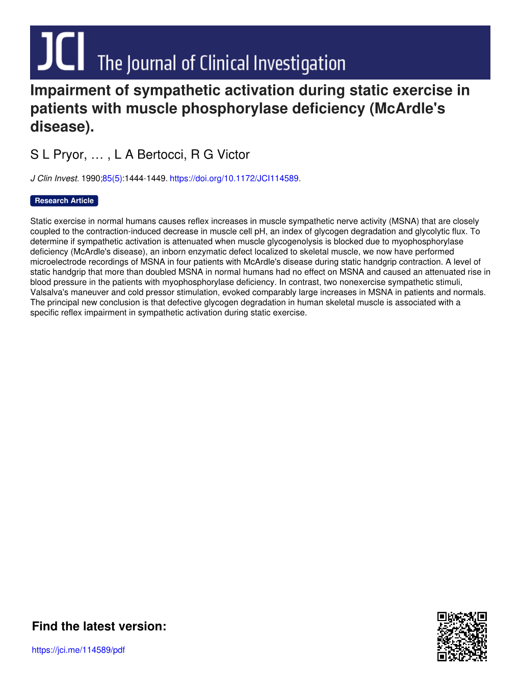 Impairment of Sympathetic Activation During Static Exercise in Patients with Muscle Phosphorylase Deficiency (Mcardle's Disease)