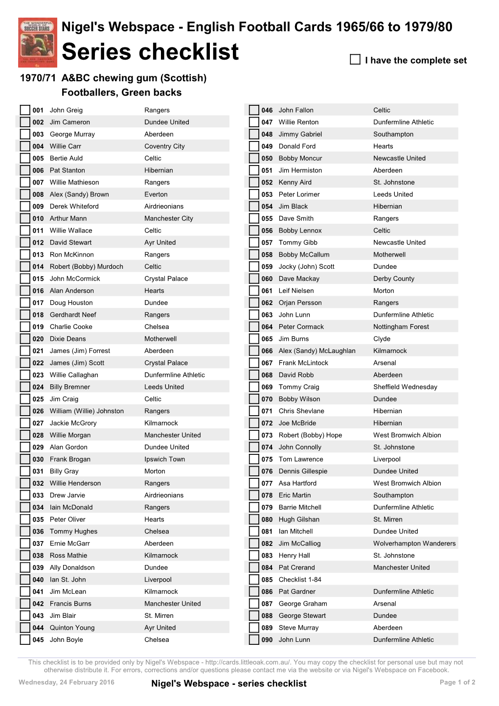 Series Checklist I Have the Complete Set 1970/71 A&BC Chewing Gum (Scottish) Footballers, Green Backs
