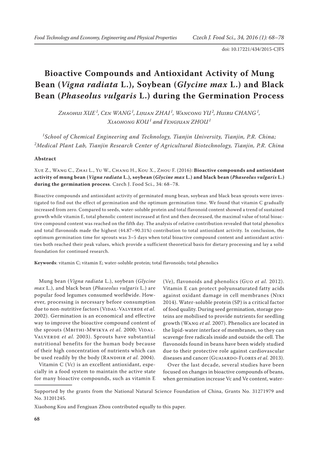 Bioactive Compounds and Antioxidant Activity of Mung Bean (Vigna Radiata L.), Soybean (Glycine Max L.) and Black Bean (Phaseolus