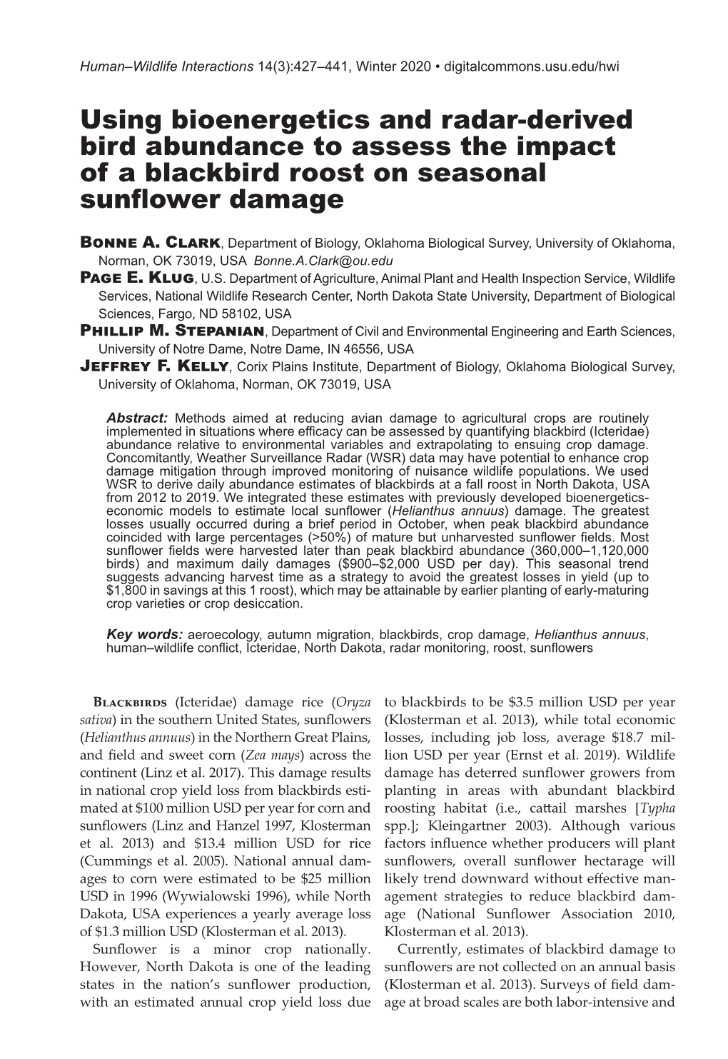 Using Bioenergetics and Radar-Derived Bird Abundance to Assess the Impact of a Blackbird Roost on Seasonal Sunflower Damage