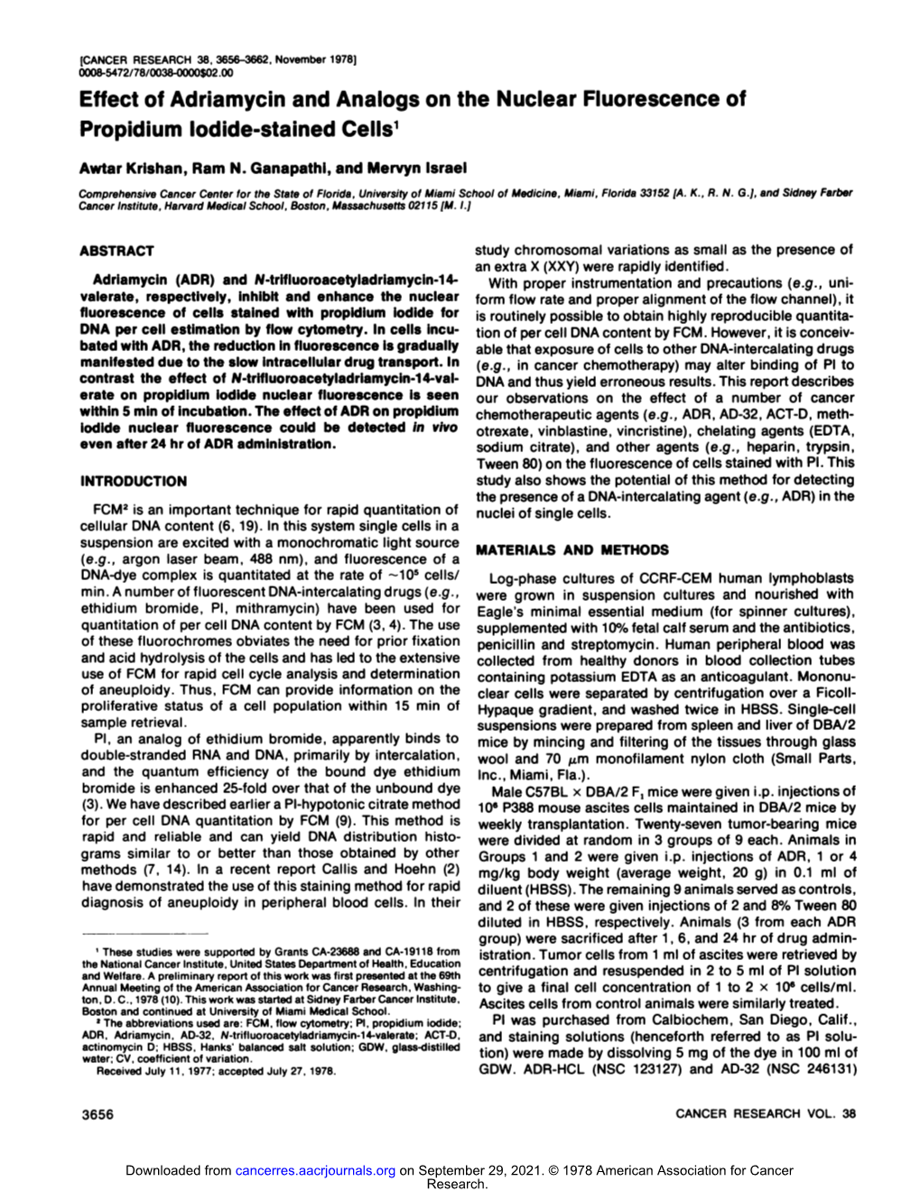 Effect of Adriamycin and Analogs on the Nuclear Fluorescence of Propidium Iodide-Stained Cells1