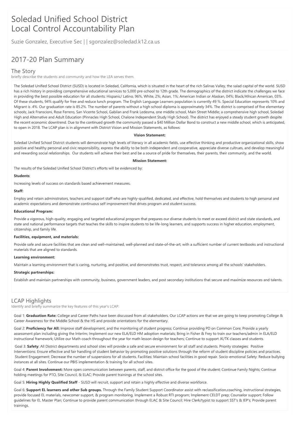 Soledad Unified School District Local Control Accountability Plan