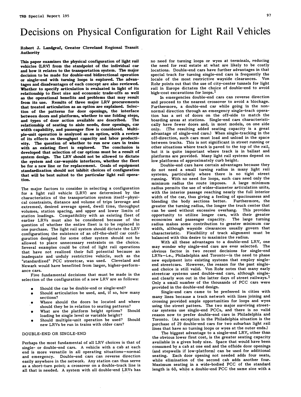 Decisions on Physical Configuration for Light Rail Vehicles