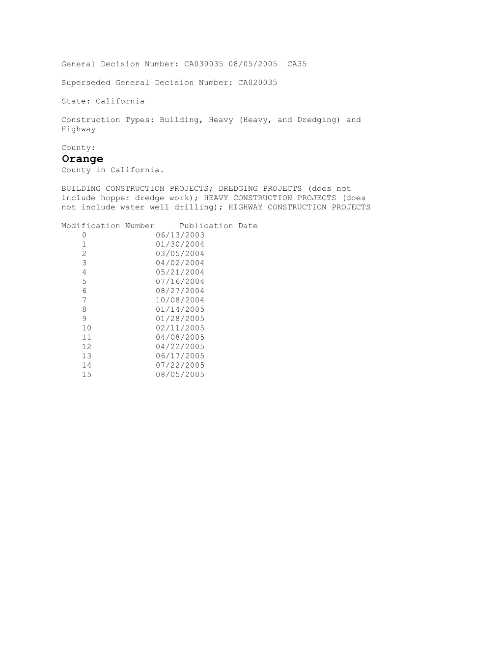 General Decision Number: CA030035 08/05/2005 CA35