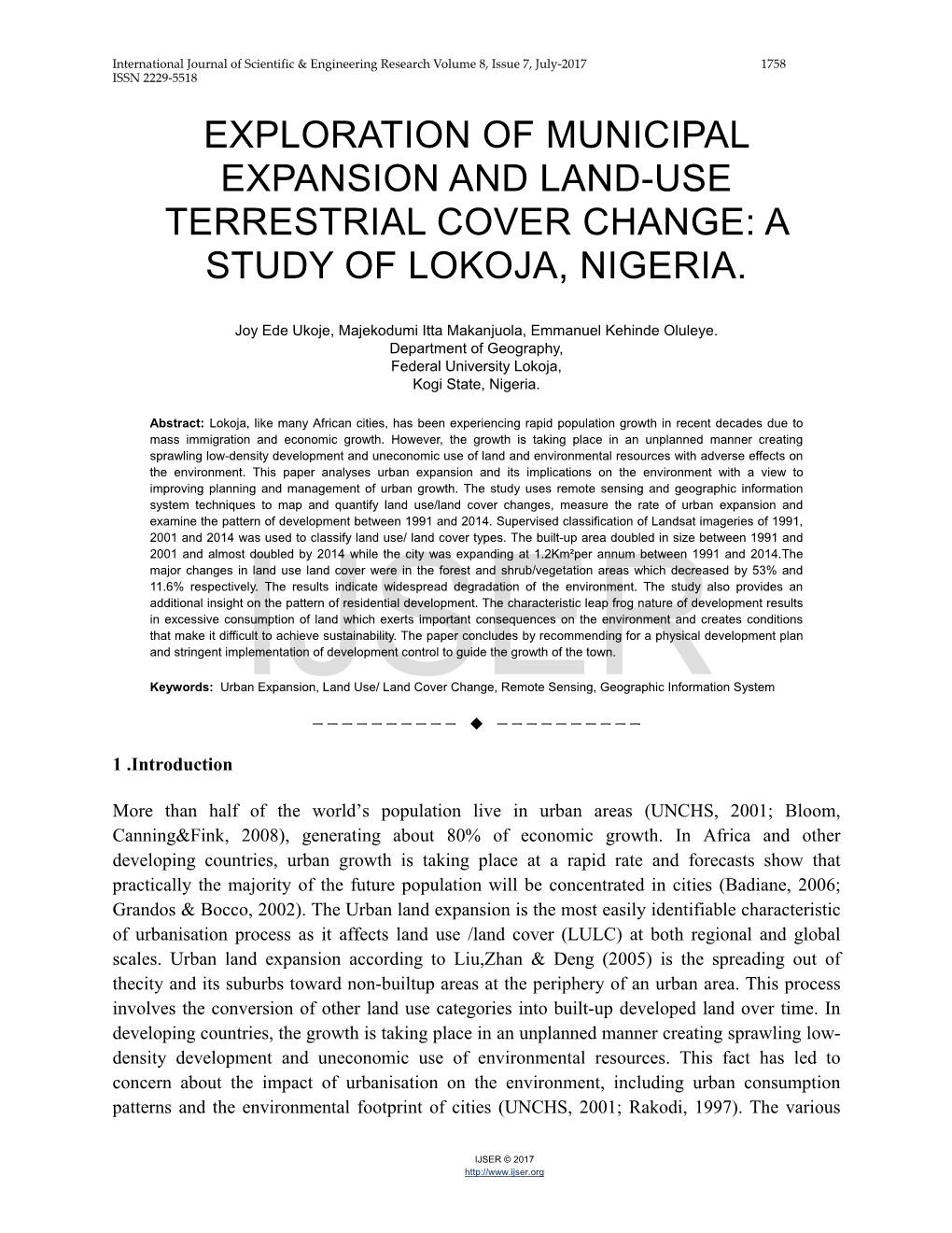 Exploration of Municipal Expansion and Land-Use Terrestrial Cover Change: a Study of Lokoja, Nigeria