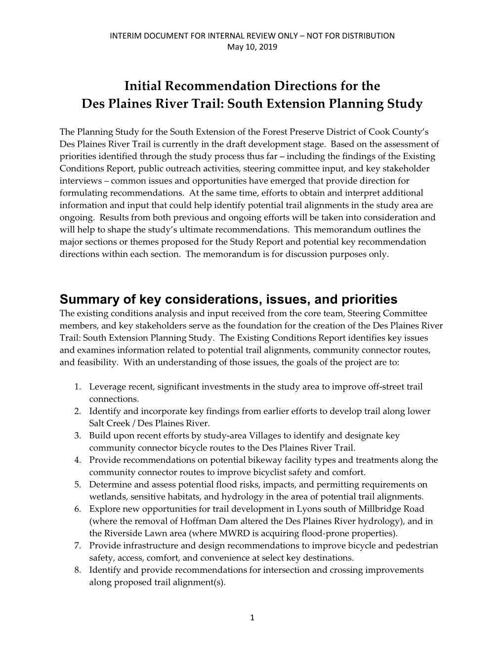 Initial Recommendation Directions for the Des Plaines River Trail: South Extension Planning Study