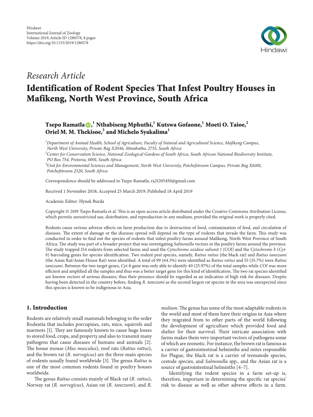 Identification of Rodent Species That Infest Poultry Houses in Mafikeng, North West Province, South Africa