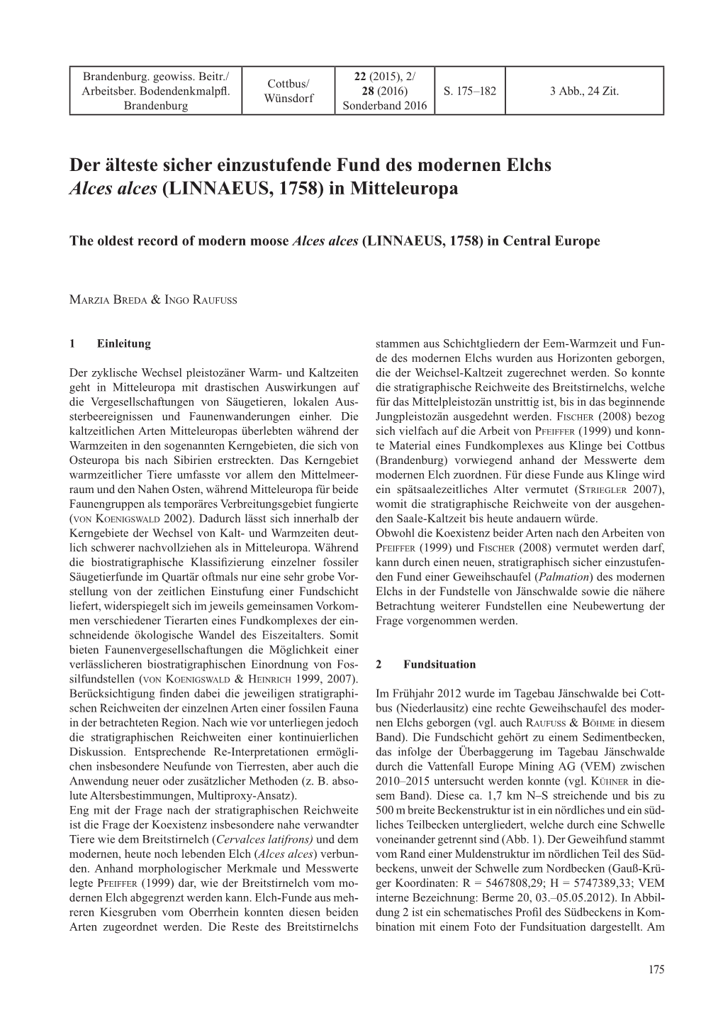 Der Älteste Sicher Einzustufende Fund Des Modernen Elchs Alces Alces (LINNAEUS, 1758) in Mitteleuropa