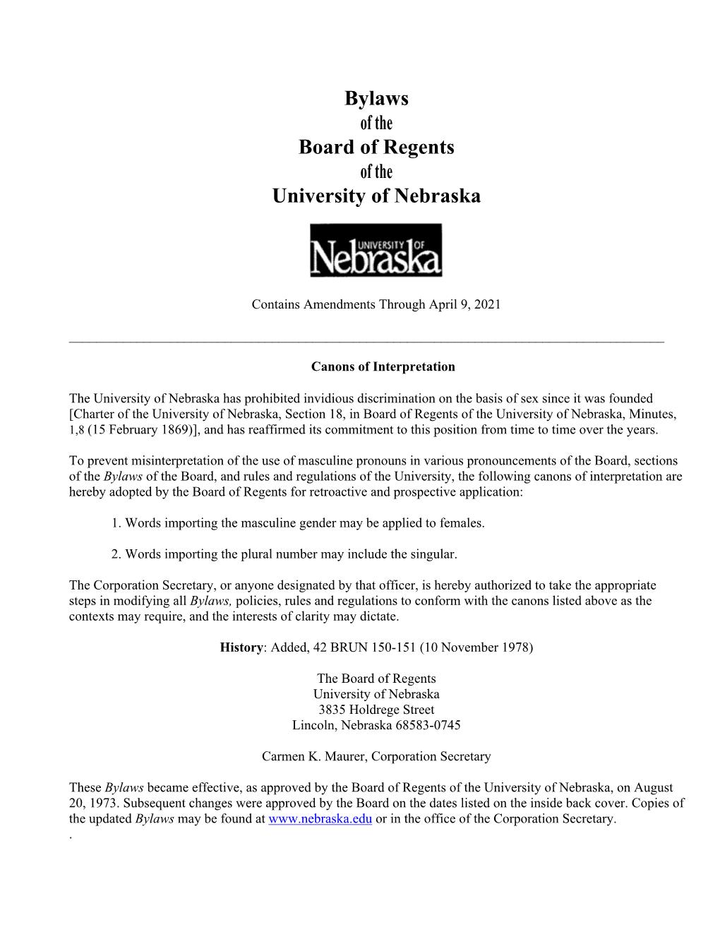 Bylaws of the Board of Regents of the University of Nebraska