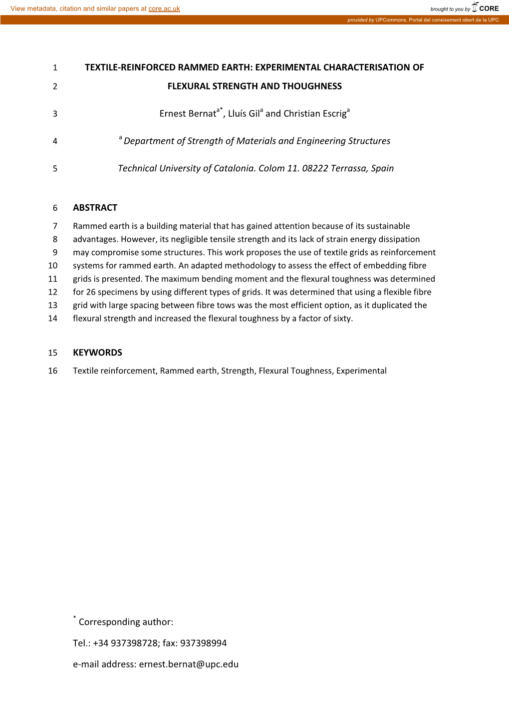 Textile-Reinforced Rammed Earth: Experimental Characterisation of 2 Flexural Strength and Thoughness