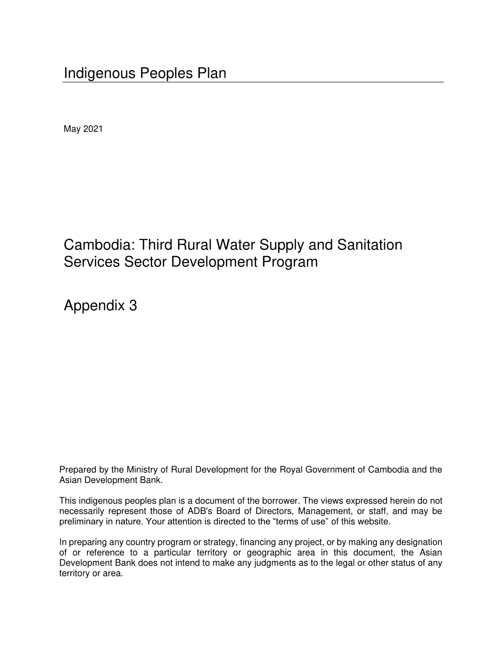 Indigenous Peoples Plan Cambodia: Third Rural Water Supply And