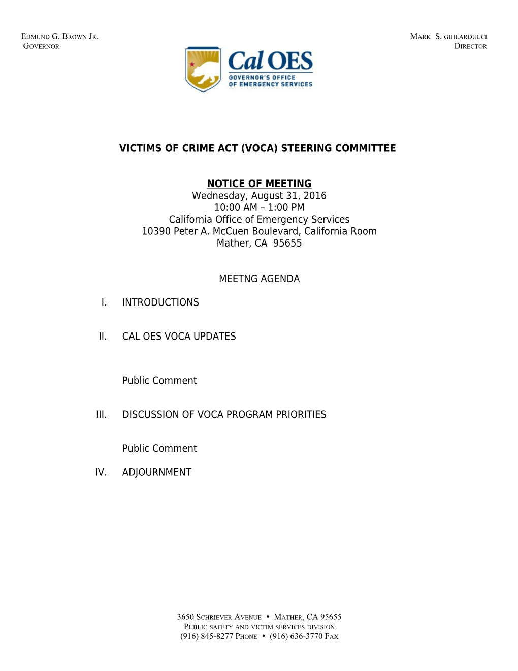 Victims of Crime Act (VOCA) Steering Committee Notice of Public Meeting - August 31, 2016