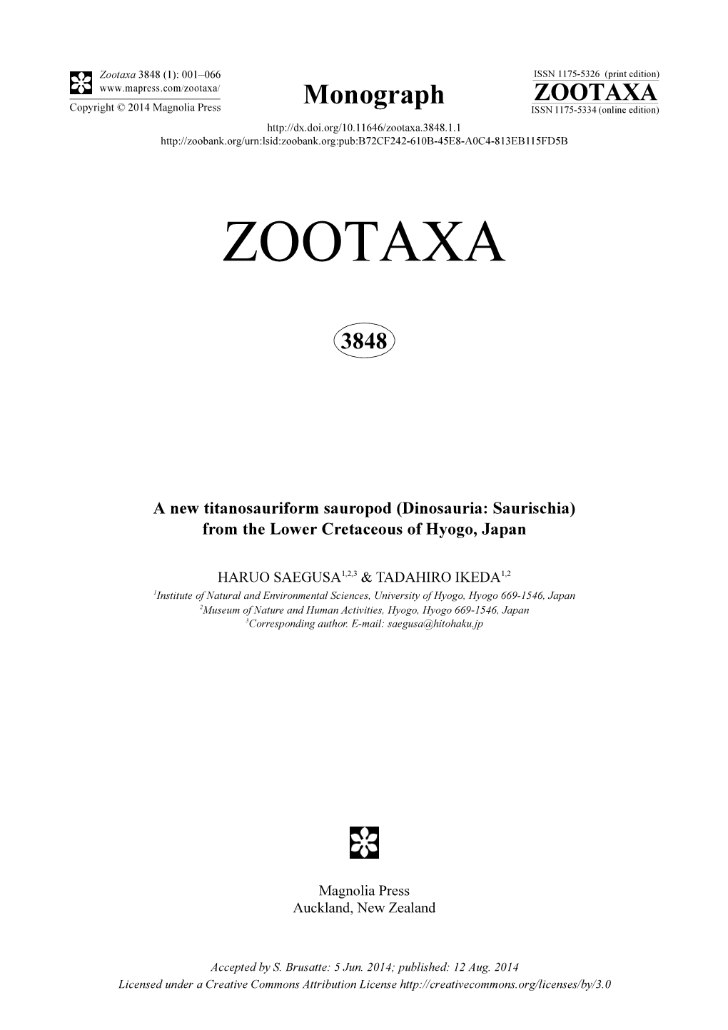 A New Titanosauriform Sauropod (Dinosauria: Saurischia) from the Lower Cretaceous of Hyogo, Japan