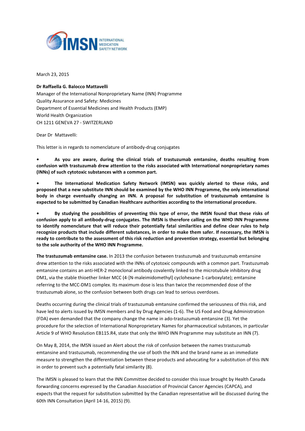 IMSN Letter on Antibody-Drug Conjugates 2015 03 23