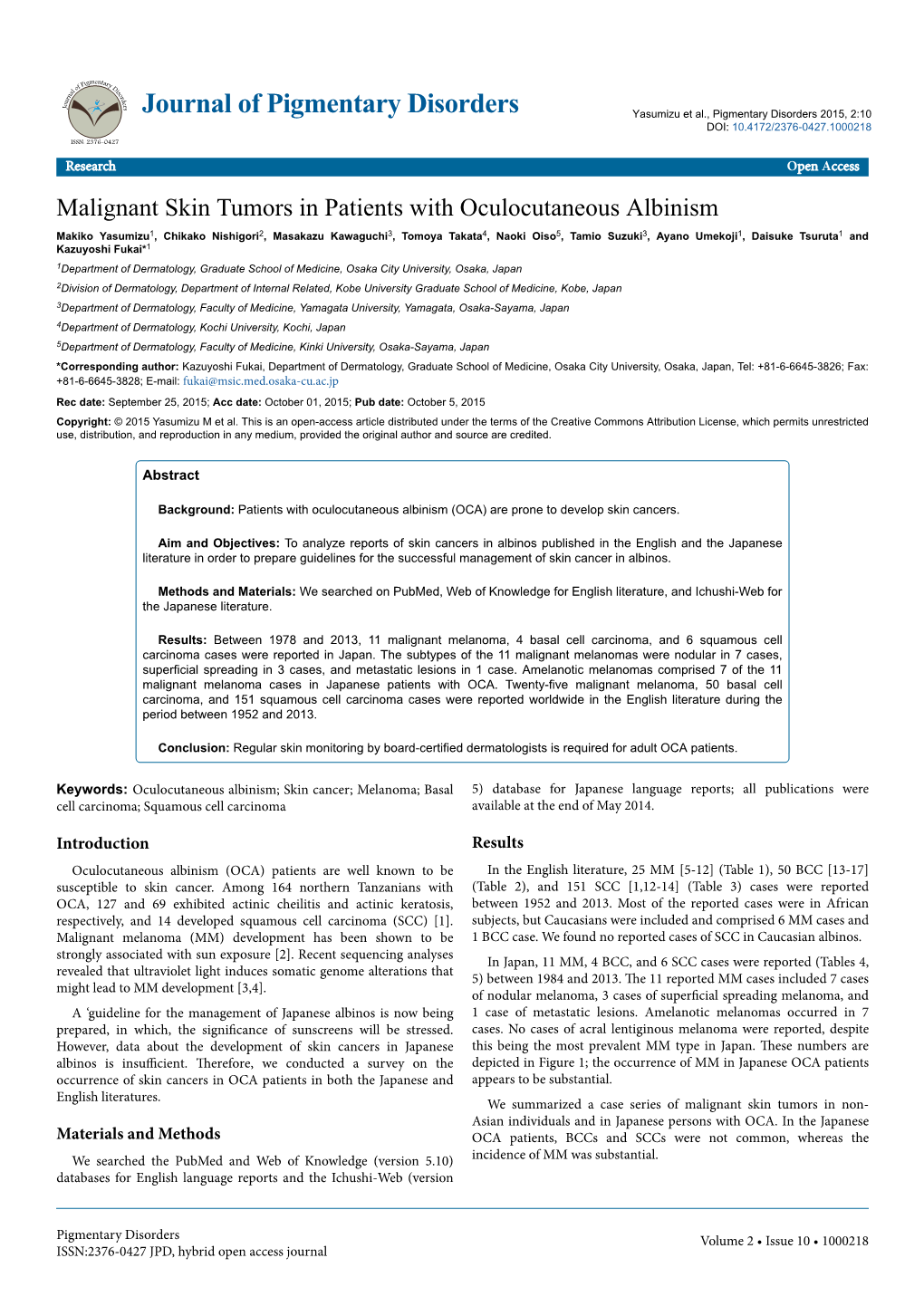 Malignant Skin Tumors in Patients with Oculocutaneous Albinism