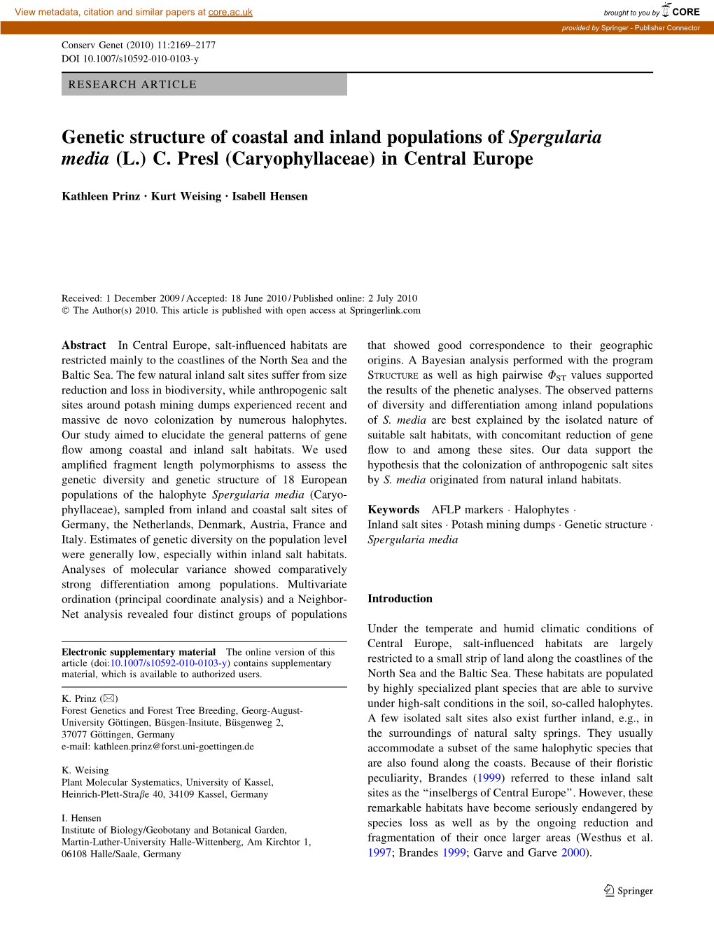 Genetic Structure of Coastal and Inland Populations of Spergularia Media (L.) C