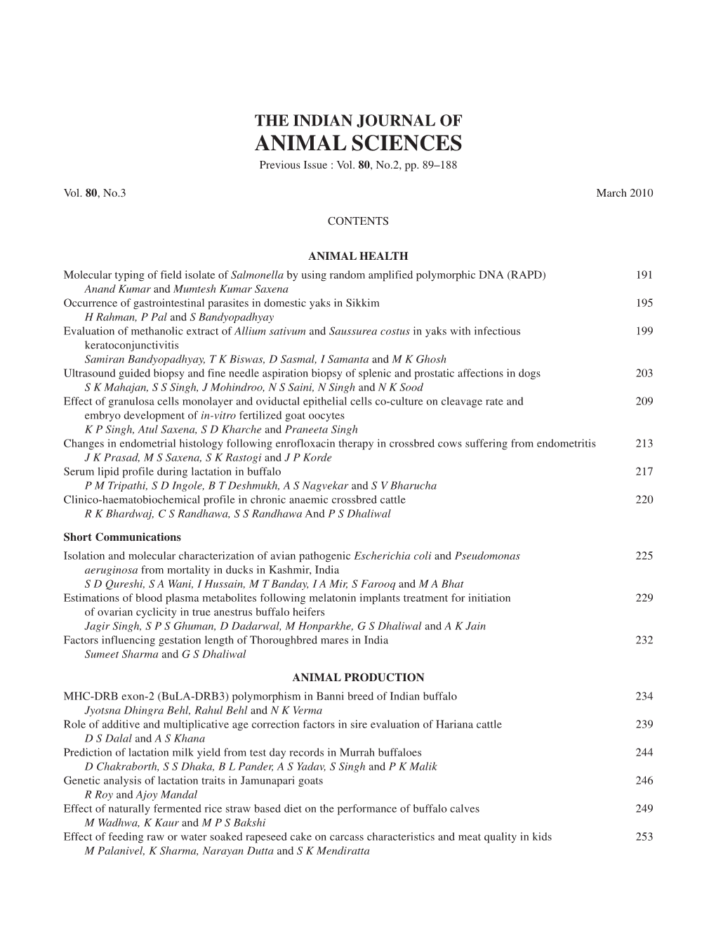 ANIMAL SCIENCES Previous Issue : Vol