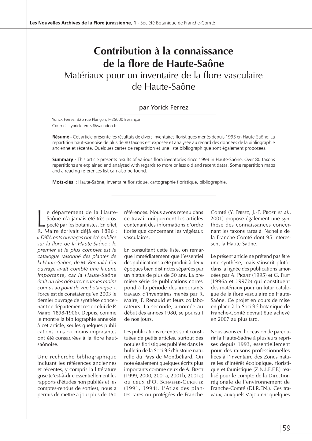 Contribution À La Connaissance De La Flore De Haute-Saône Matériaux Pour Un Inventaire De La Flore Vasculaire De Haute-Saône