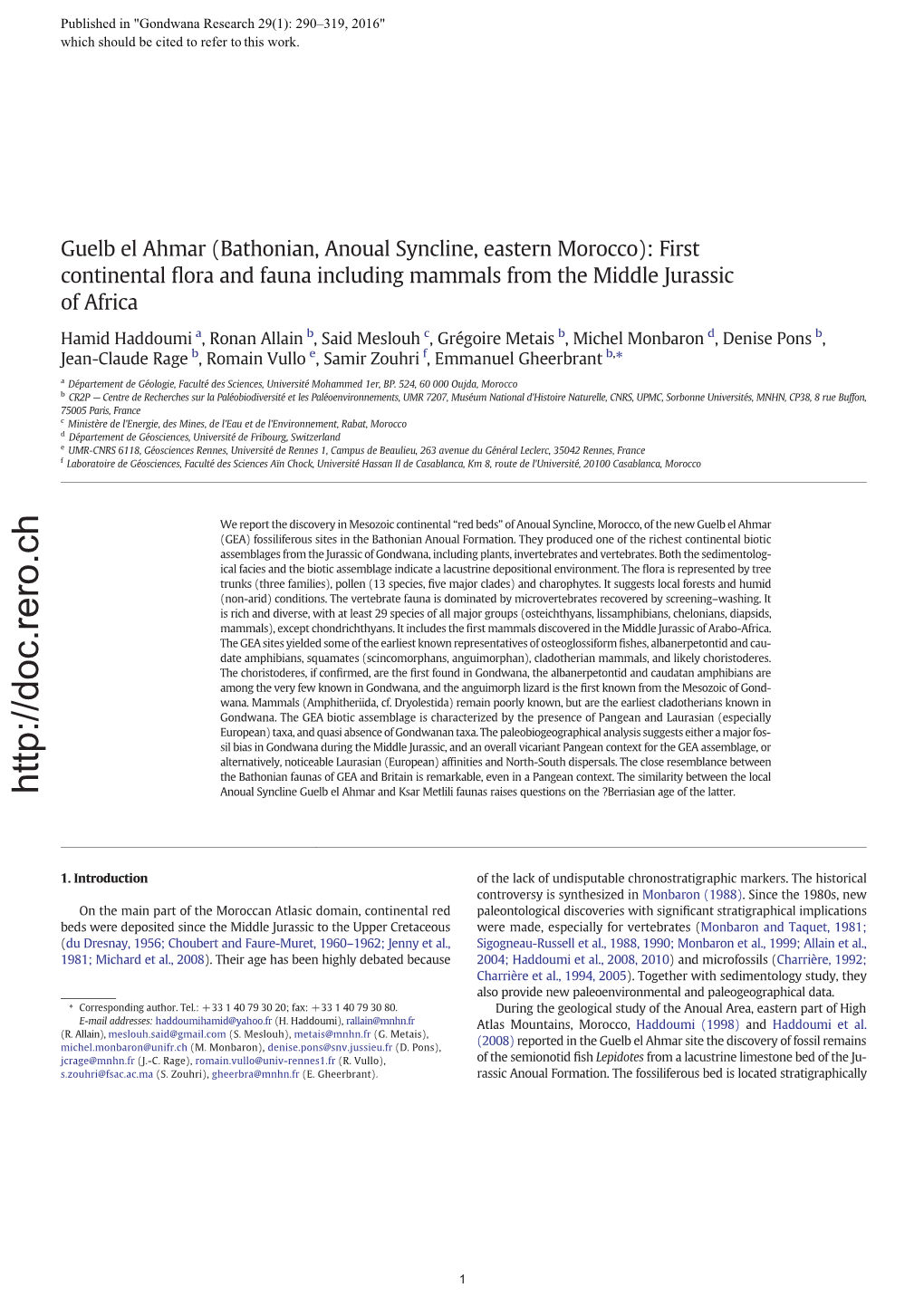 Guelb El Ahmar (Bathonian, Anoual Syncline, Eastern Morocco): First Continental ﬂora and Fauna Including Mammals from the Middle Jurassic of Africa