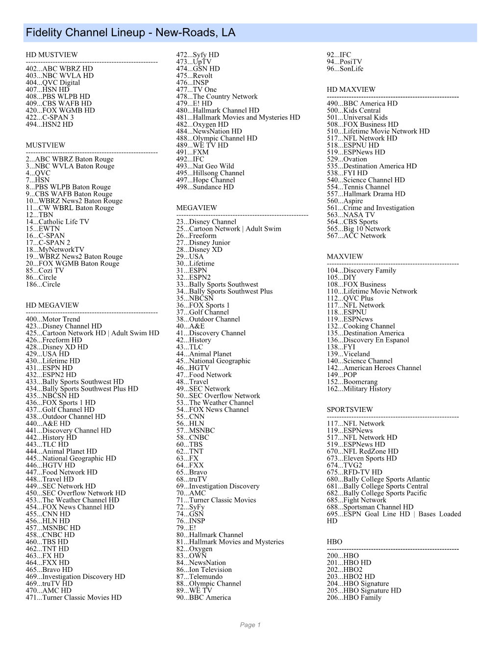 Fidelity Channel Lineup - New-Roads, LA